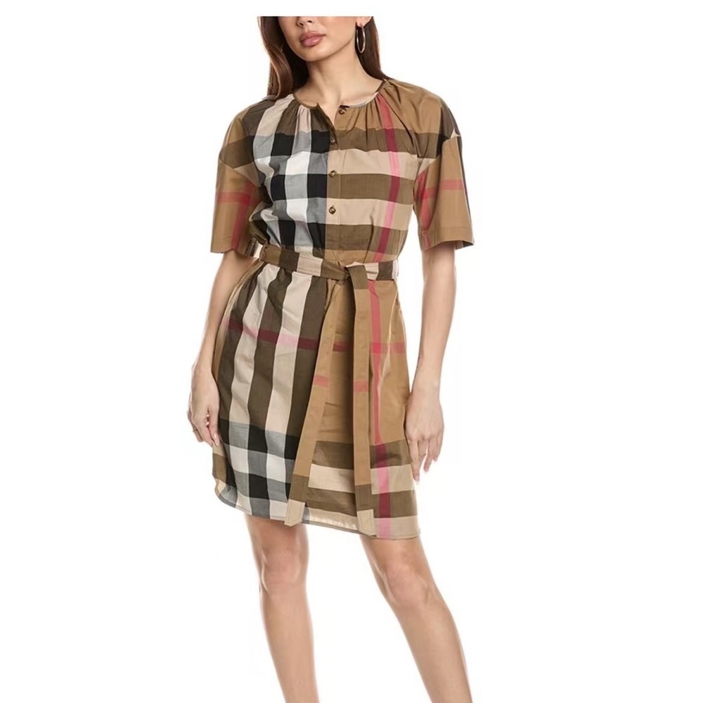 Burberry Tan and Brown mid length women Dress Short Sleeve Crew Neck